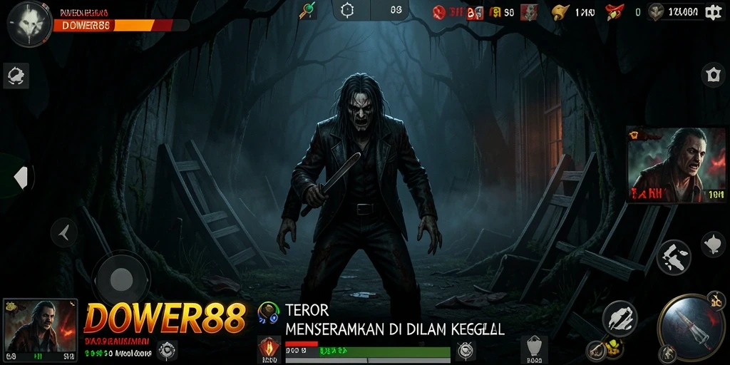 Screenshot gameplay DOWER88 yang penuh suasana horor dan ketegangan.