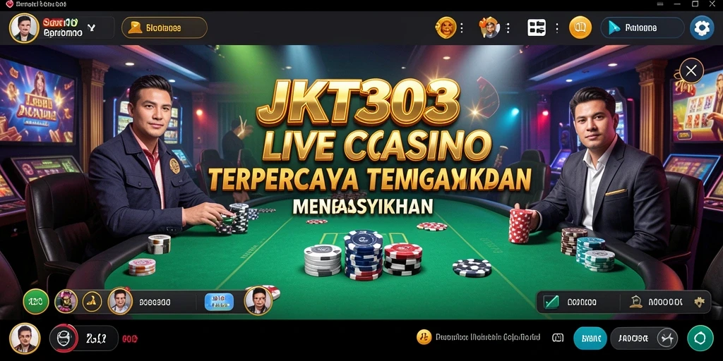 Screenshot gameplay JKT303 menampilkan dealer profesional dan suasana kasino yang hidup.