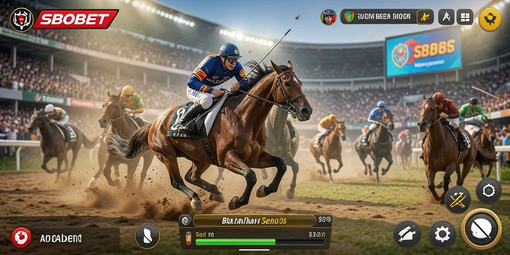 Tampilan gameplay menegangkan dari SBOBET saat balapan di lintasan.