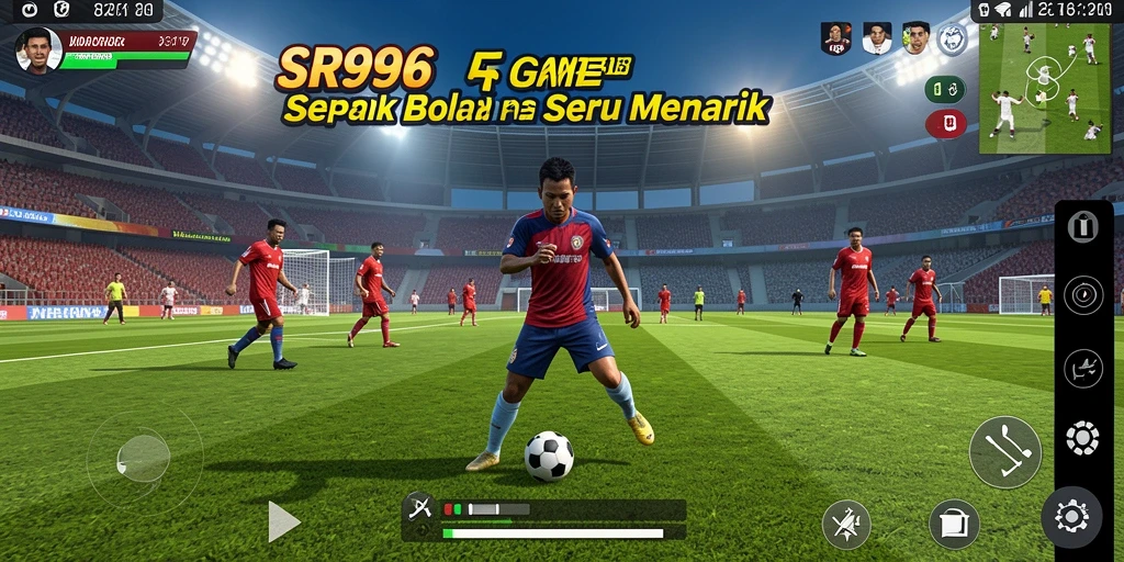 Screenshot gameplay SR996 menunjukkan aksi sepak bola yang mendebarkan.