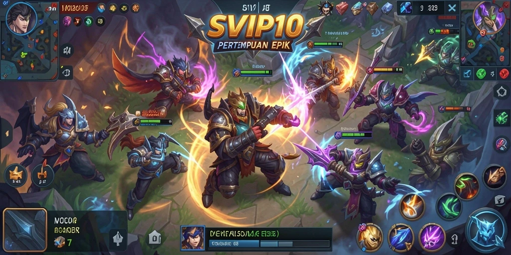 Screenshot utama SVIP10 menampilkan aksi pertempuran MOBA yang intens.
