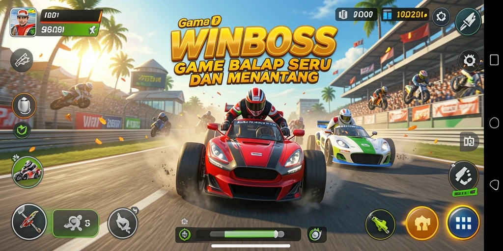 Tampilan gameplay WINBOSS dengan balapan seru di trek yang menantang.